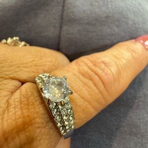 Elegant Silver-Tone Clear Crystal Engagement Style Ring